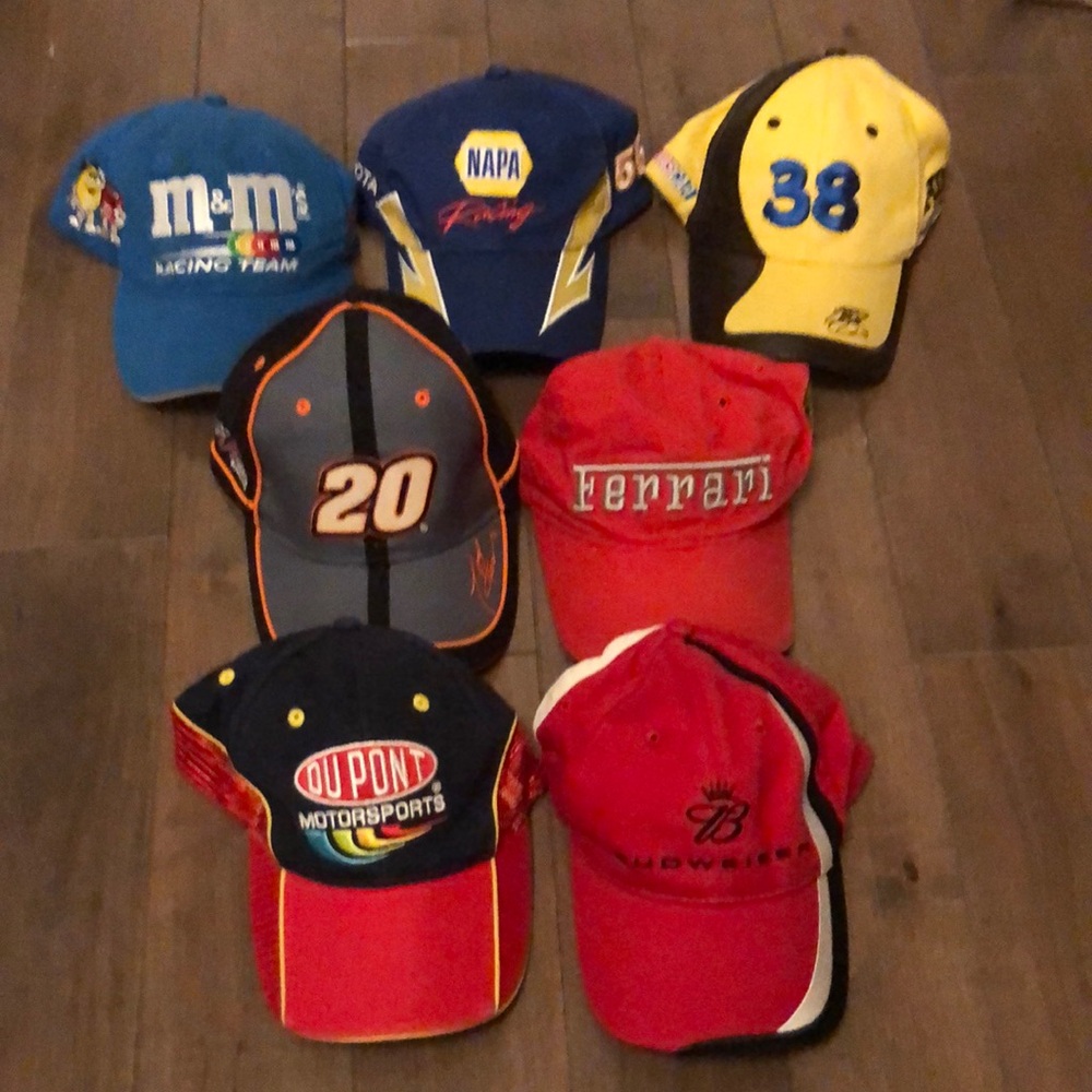 Lot of 7 Assorted Racing & Branded Hats - Red, Blue, Yellow, Black
